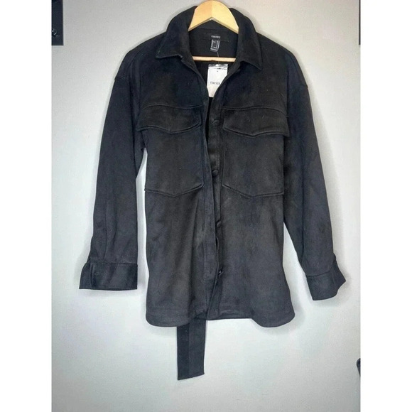 Forever 21 sz MEDIUM faux suede trench coat jacket BLACK belted button wrap NWT - Picture 2 of 4